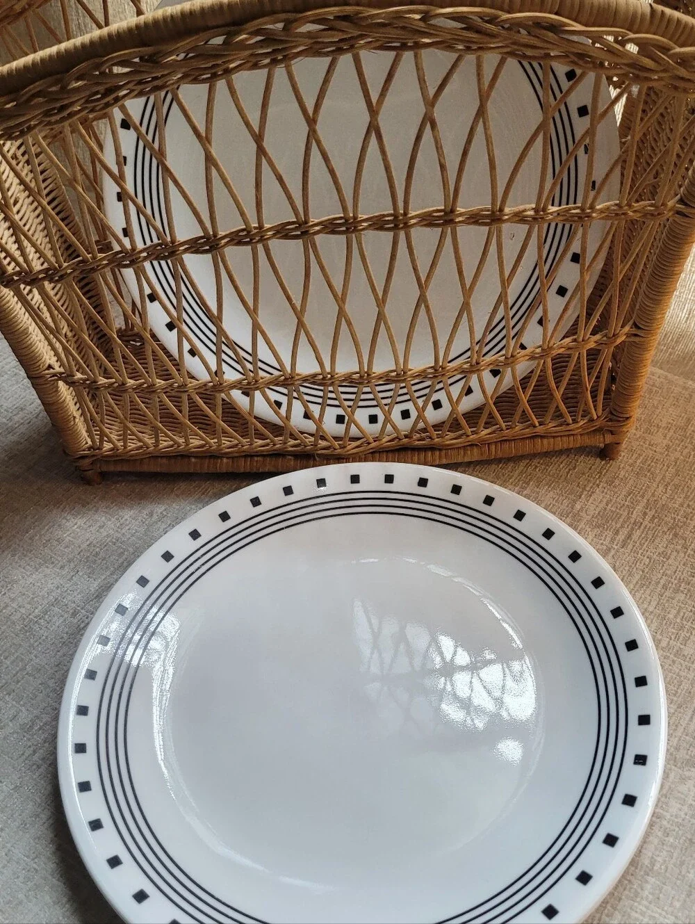 Corelle City Block White Ceramic Dinner Plate with Black Geometric Rim